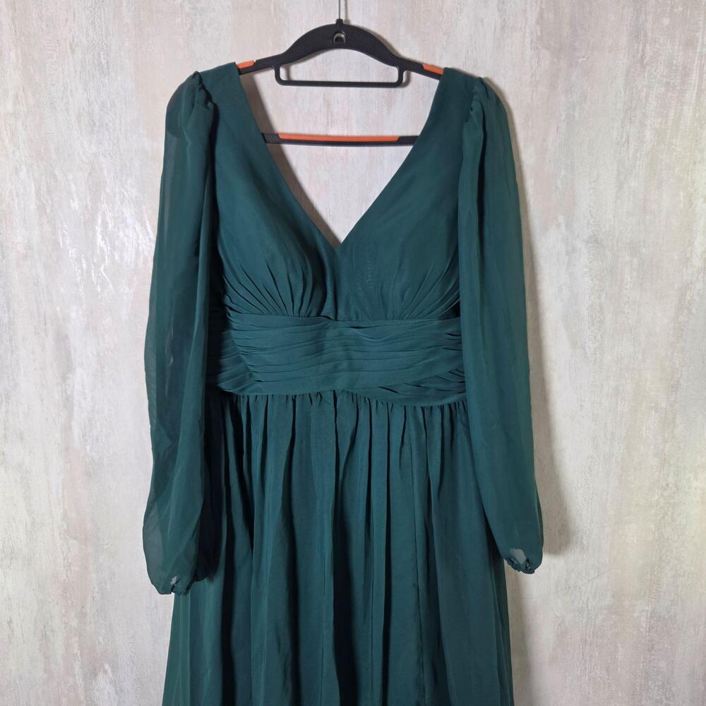 JJ's House Dress Womens 14 Green Chiffon Maxi V-Neck Ruched Formal Long Sleeve